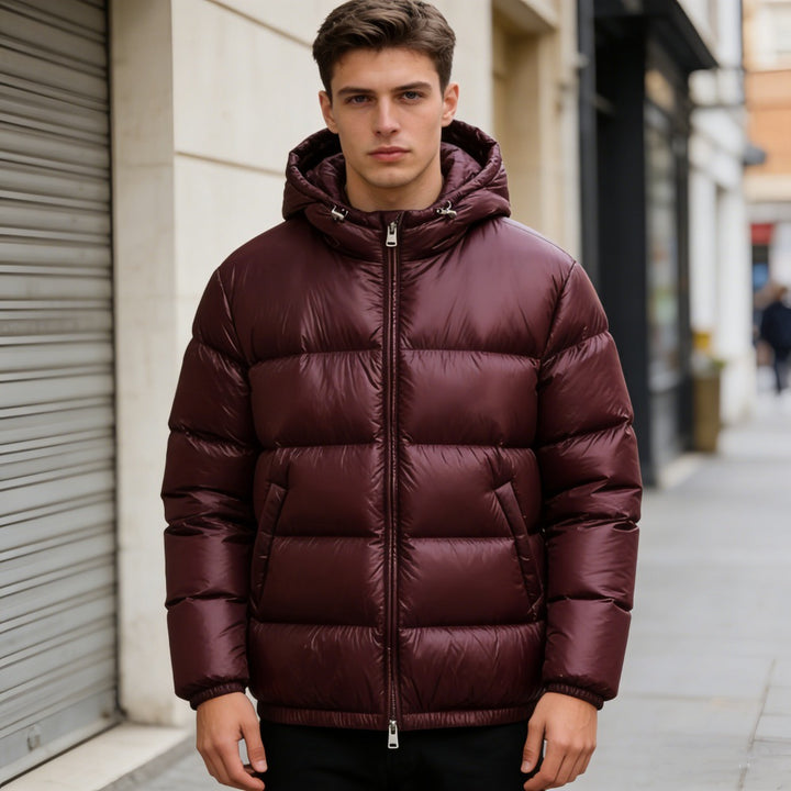 Men's quilted hooded jacket with glossy surface, warm synthetic filling and two-way zipper Mune Fashion