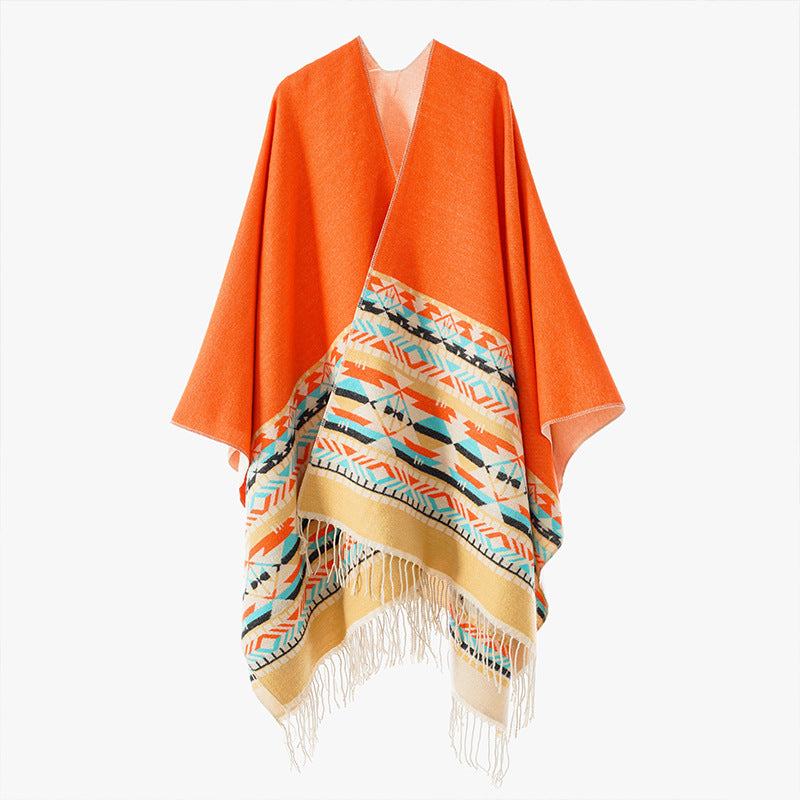 Women's Oversize Reversible Poncho made of Wool Blend with Ethno Jacquard and Fringe Hem Mune Fashion