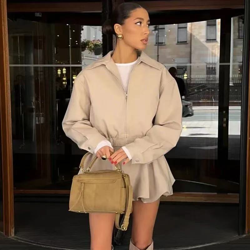 Women's Short Blouson Jacket made of Vegan Leather with Zip and Elastic Hem Mune Fashion
