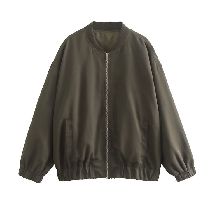 Unisex nan lighter oversized bomber jacket with continuous metal zipper, ribbed collar, and elastic hem Mune Fashion