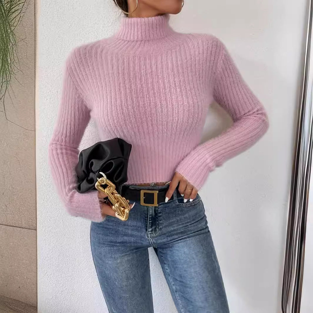 Women's Short Ribbed Turtleneck Sweater with Fluffy Mohair Look Mune Fashion