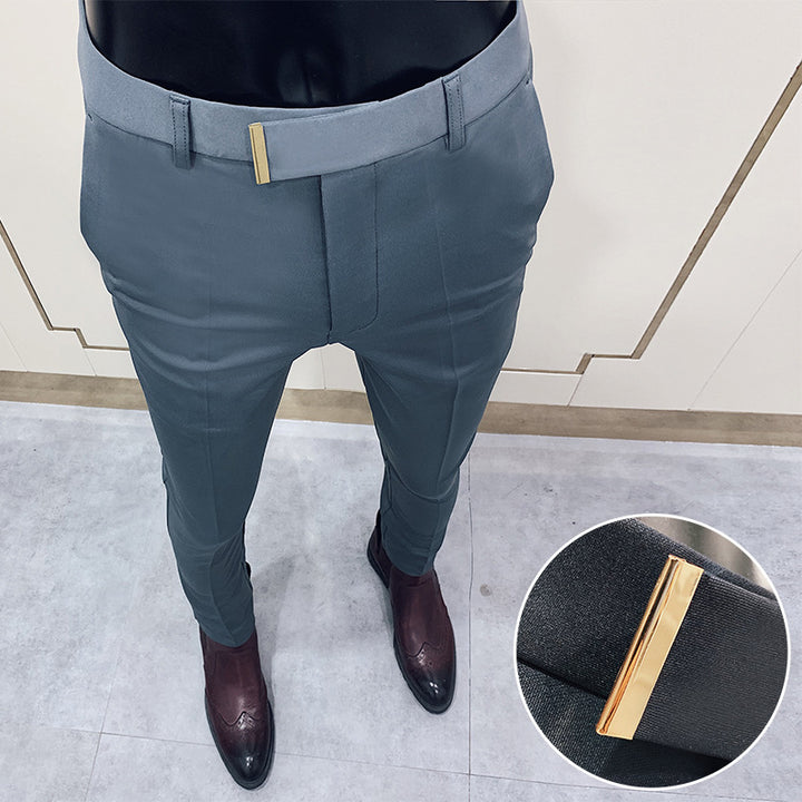Men's slim elegant suit trousers with discreet gold buckle and crease Mune Fashion