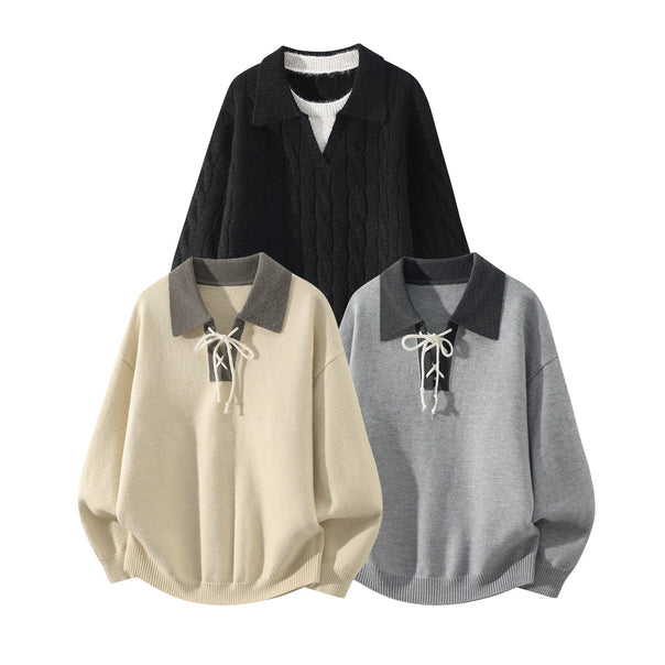 Men's Oversize Knit Sweater with Shirt Collar, Drawstring Neck Closure & Ribbed Finishes Mune Fashion