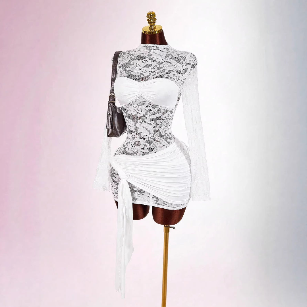 Women transparent lace mini dress with bandeau insert, gathered wrap skirt and long sleeves Mune Fashion