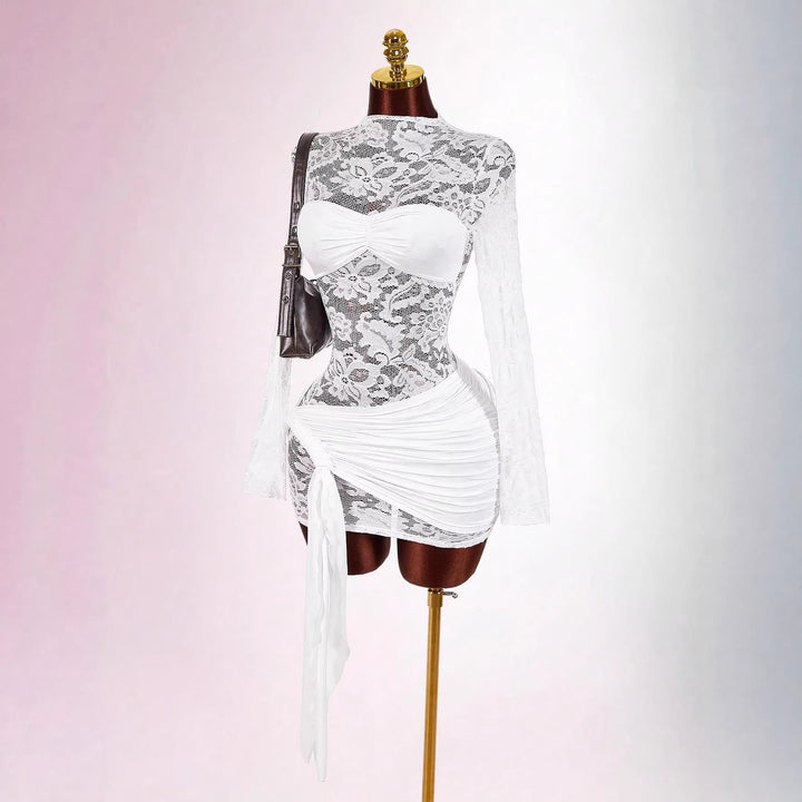 Women transparent lace mini dress with bandeau insert, gathered wrap skirt and long sleeves Mune Fashion