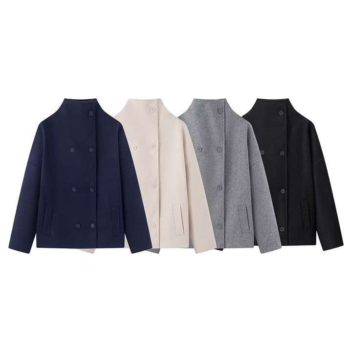 Ladies short coat made of wool blend with stand-up collar, dropped shoulder and double-breasted button placket Mune Fashion