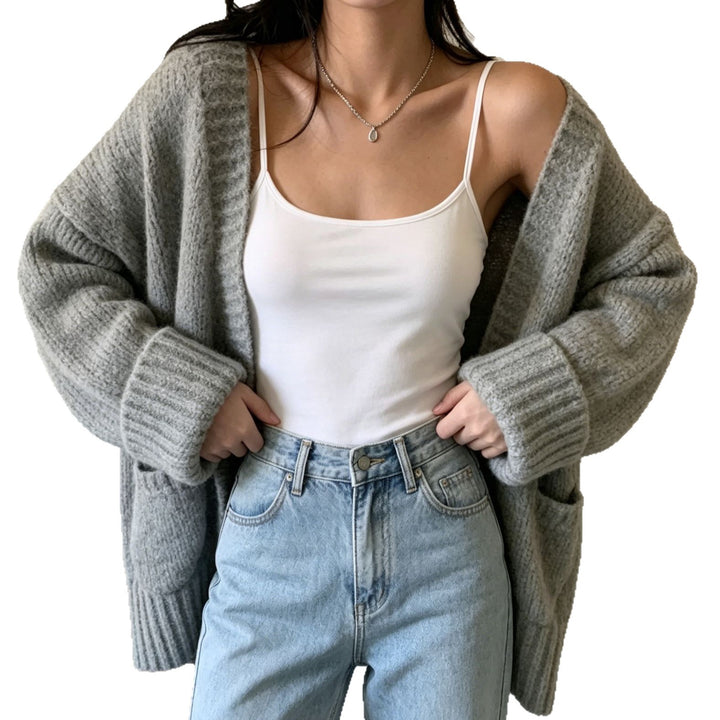 Women's Long Open Chunky Knit Cardigan with Pockets and Ribbed Cuffs Mune Fashion