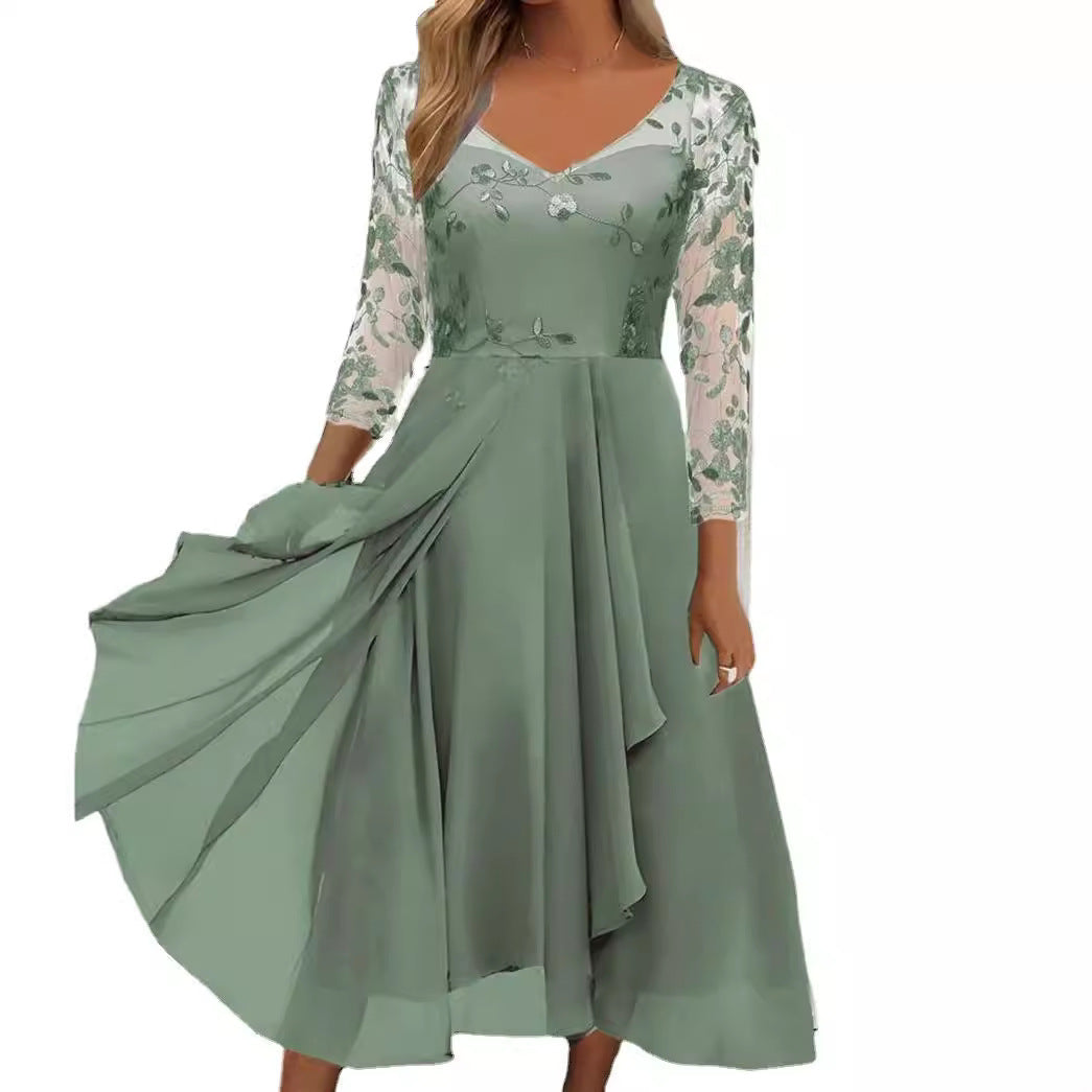 Women’s elegant midi dress with embroidered tulle top, transparent three-quarter sleeves, and layered draped skirt Mune Fashion