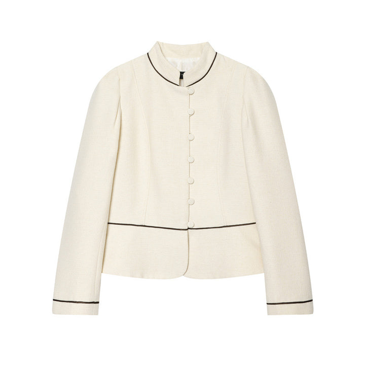 Women Bouclé-Tweed Short Jacket with Stand-Up Collar, Tailored Cut and Contrast Piping Mune Fashion