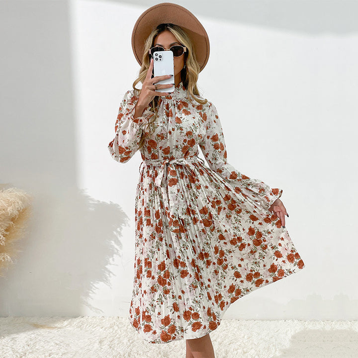 Women's Floral Midi Dress with Belt and Ruffle Details Mune Fashion