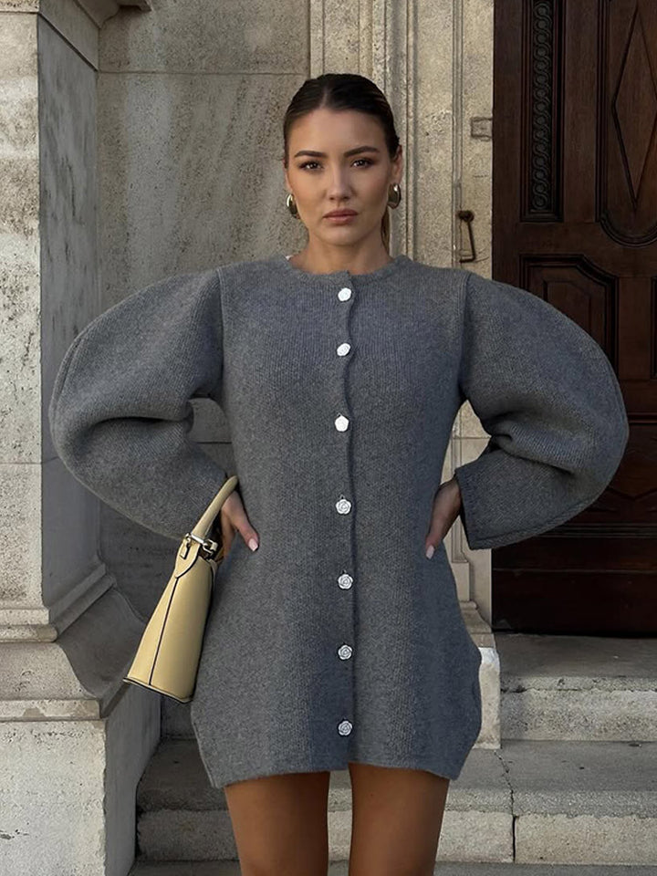 Women's knitted mini dress cardigan with voluminous balloon sleeves and decorative button placket Mune Fashion