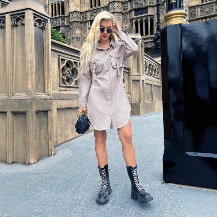 Women Oversized Shirt Dress with Flap Pockets and Curved Hem Mune Fashion