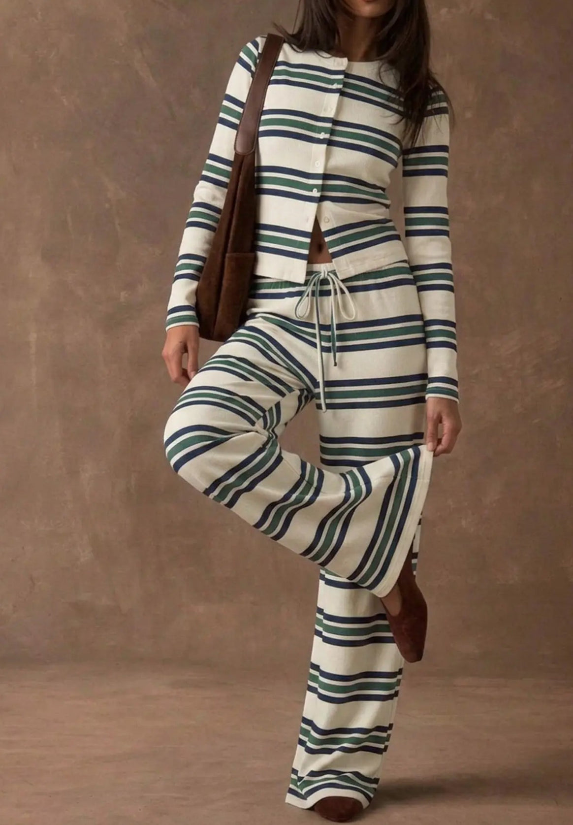 Ladies Striped Knit Lounge Set with Tailored Button Cardigan and Wide Palazzo Pants Mune Fashion