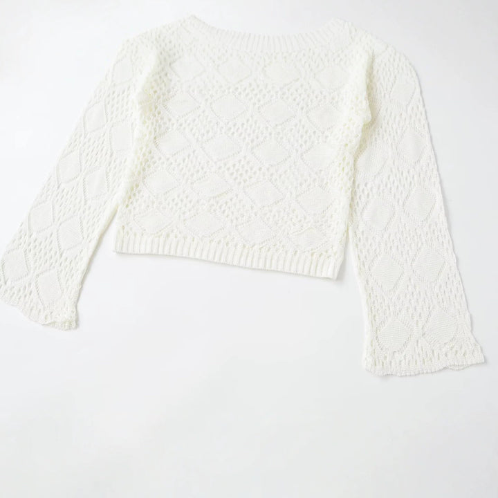 Ladies Ajour knitted cropped sweater with round neck and diamond pattern Mune Fashion
