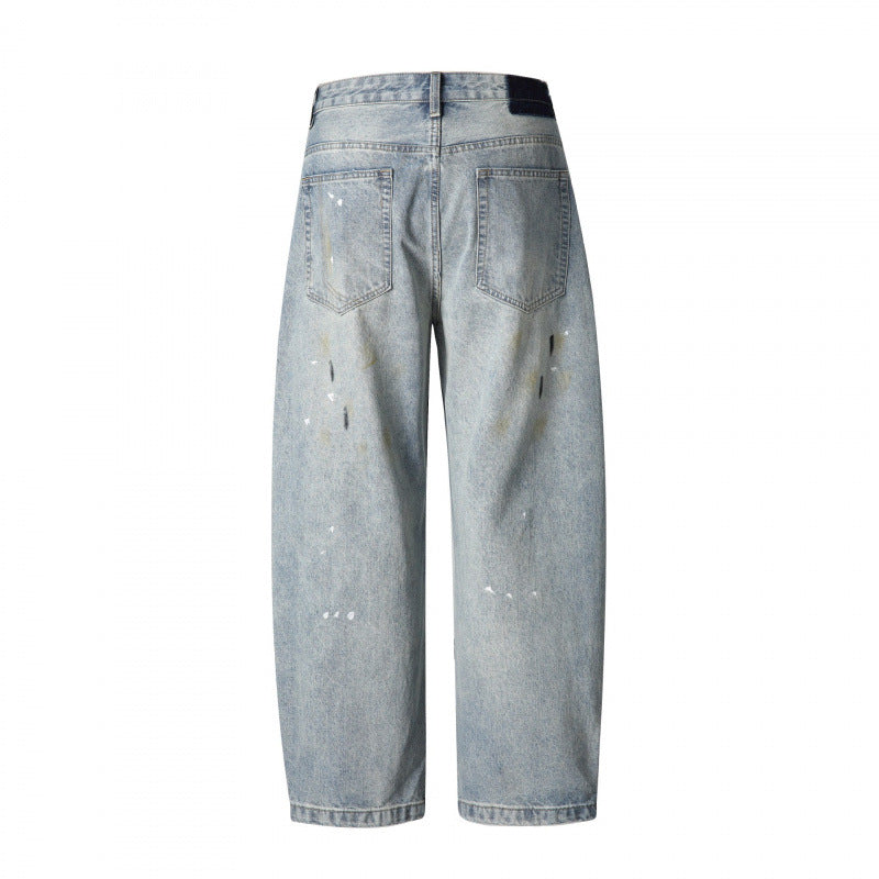 Men's Loose-Fit Vintage Denim Pants with Used Effect, Paint-Splatter and Distressed Details Mune Fashion
