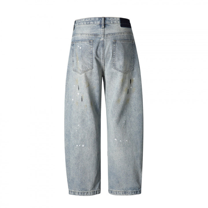 Men's Loose-Fit Vintage Denim Pants with Used Effect, Paint-Splatter and Distressed Details Mune Fashion