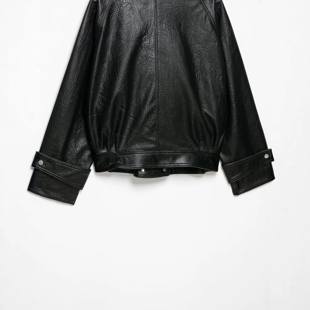 Women's Oversized Faux Leather Jacket with High Stand-Up Collar and Zipper Pockets Mune Fashion