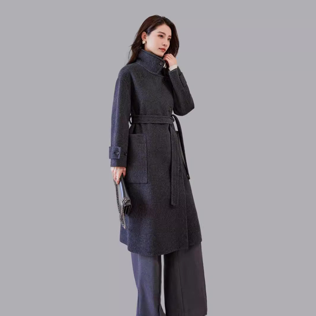Women's Oversized Wool Coat with Belt and Wide Lapels Mune Fashion