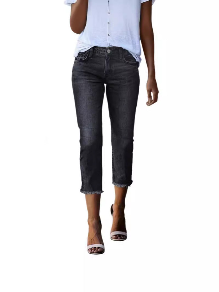 Women’s straight-cut jeans in cropped length with frayed hem Mune Fashion