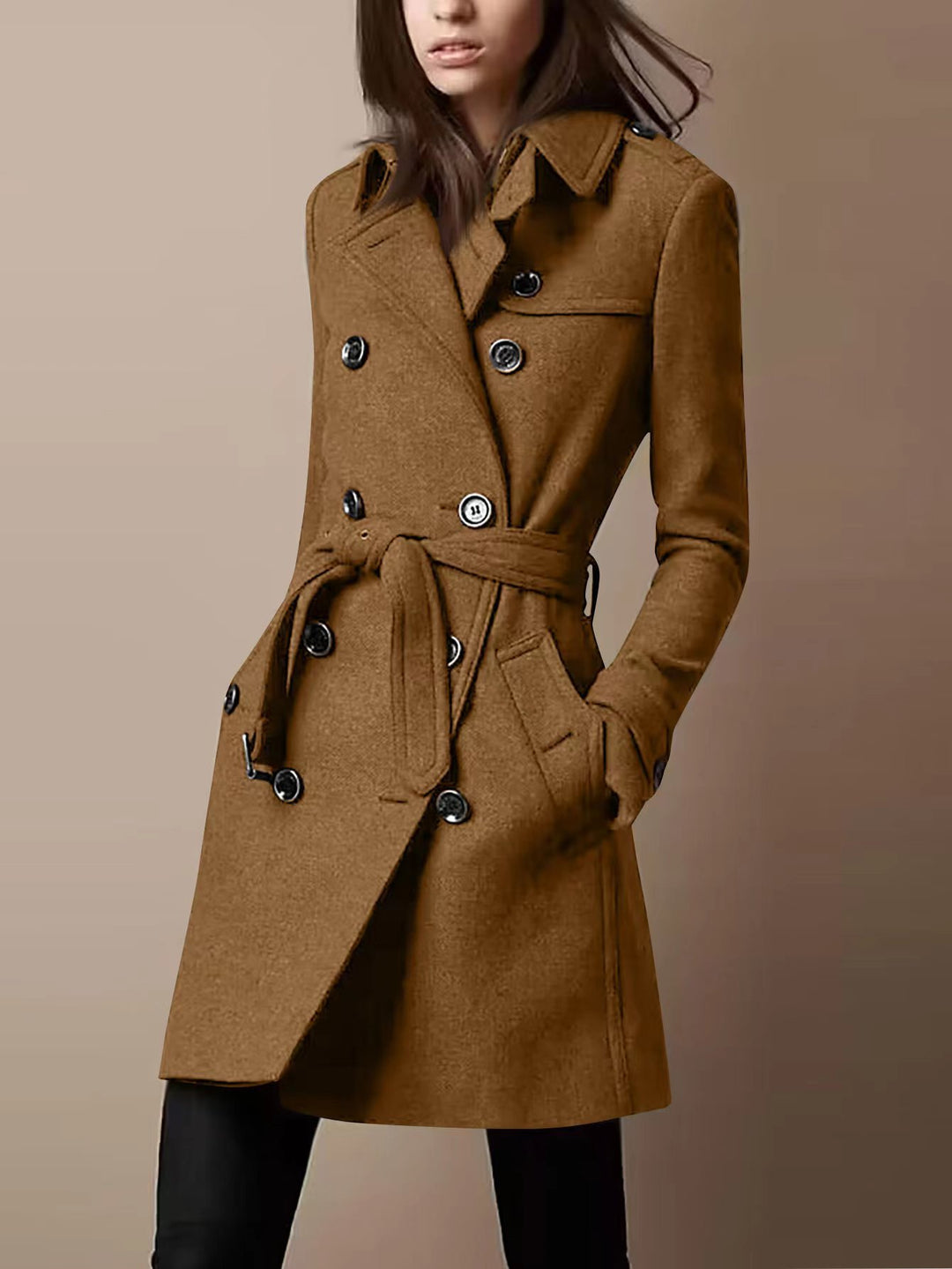 Women's Double-Breasted Wool Blend Trench Coat with Waist Belt Mune Fashion