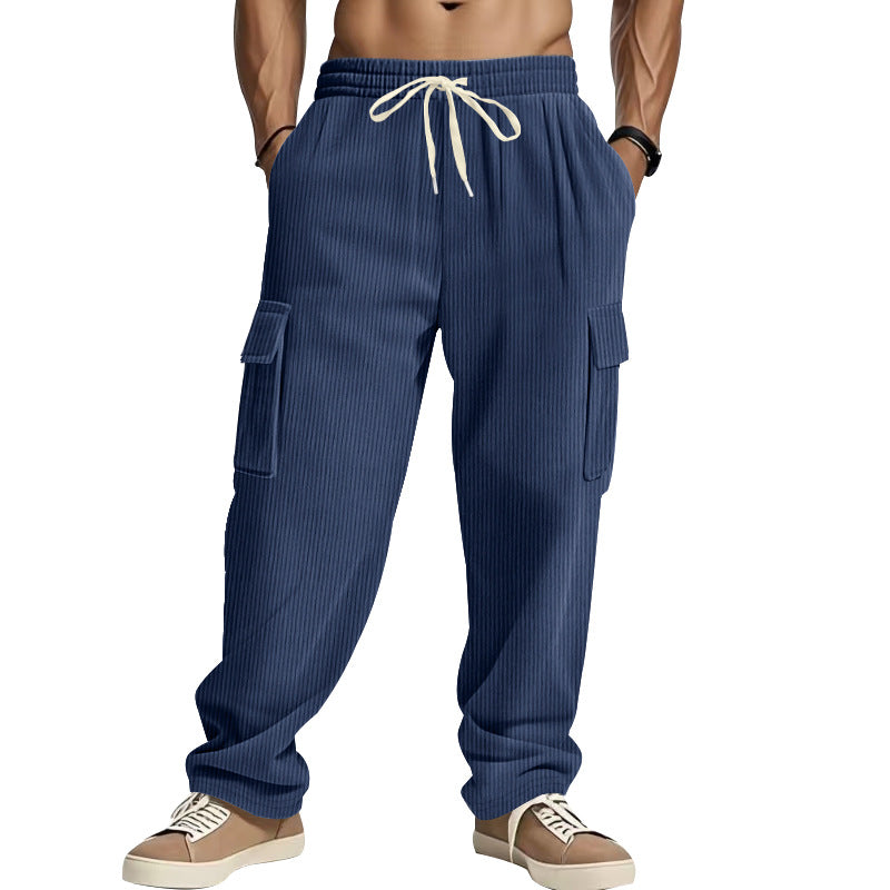 Men's corduroy cargo pants with wide leg, drawstring waistband, and patch cargo pockets