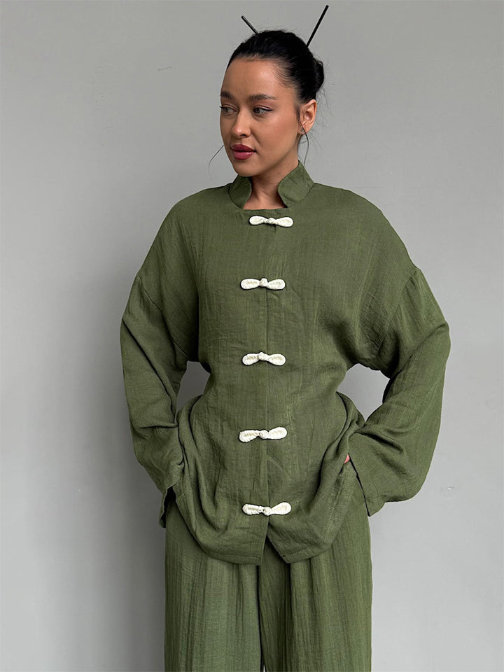 Women's loosely cut linen jacket with mandarin collar and frog closures Mune Fashion