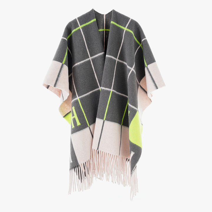 Women's Oversized Throw from Wool Blend with Monogram Check Pattern and Fringe Hem Mune Fashion