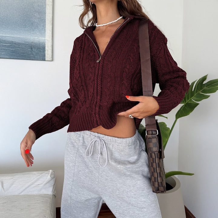 Women's shortened cable knit cardigan with full zip and stand-up collar Mune Fashion