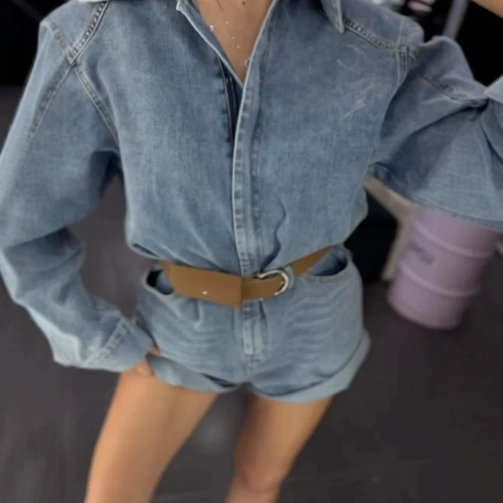 Women's Denim Shorts Overall with Boxy Shirt Top and Waist Belt Mune Fashion