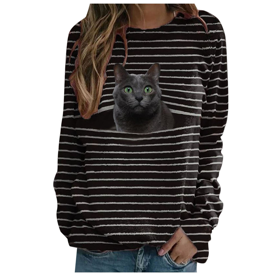 Women's casual striped sweater with photorealistic cat pocket and round neckline Mune Fashion