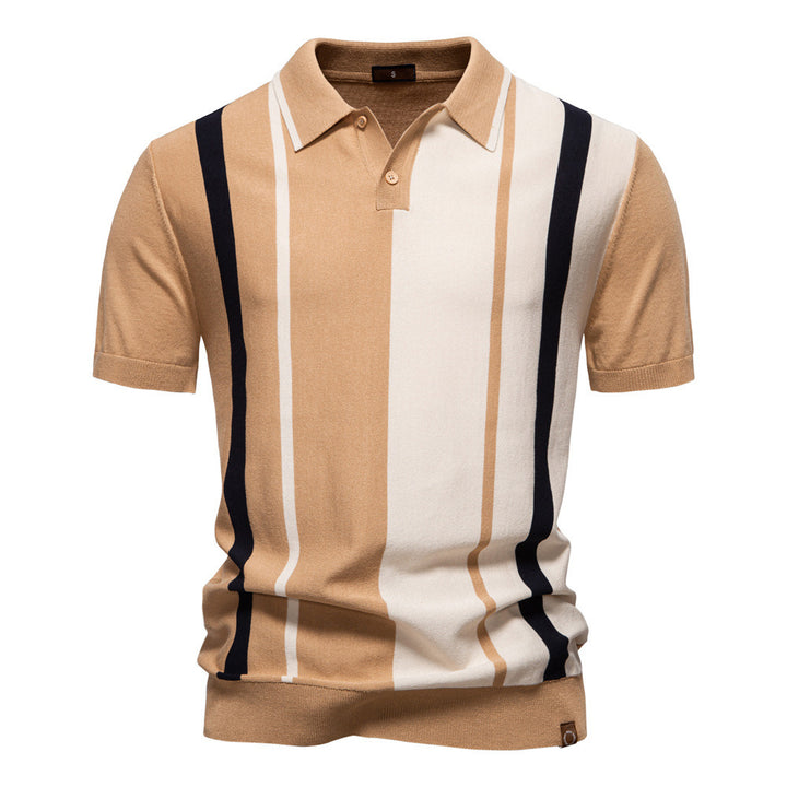 Men's retro-inspired knit polo with vertical intarsia structure and open kent collar Mune Fashion
