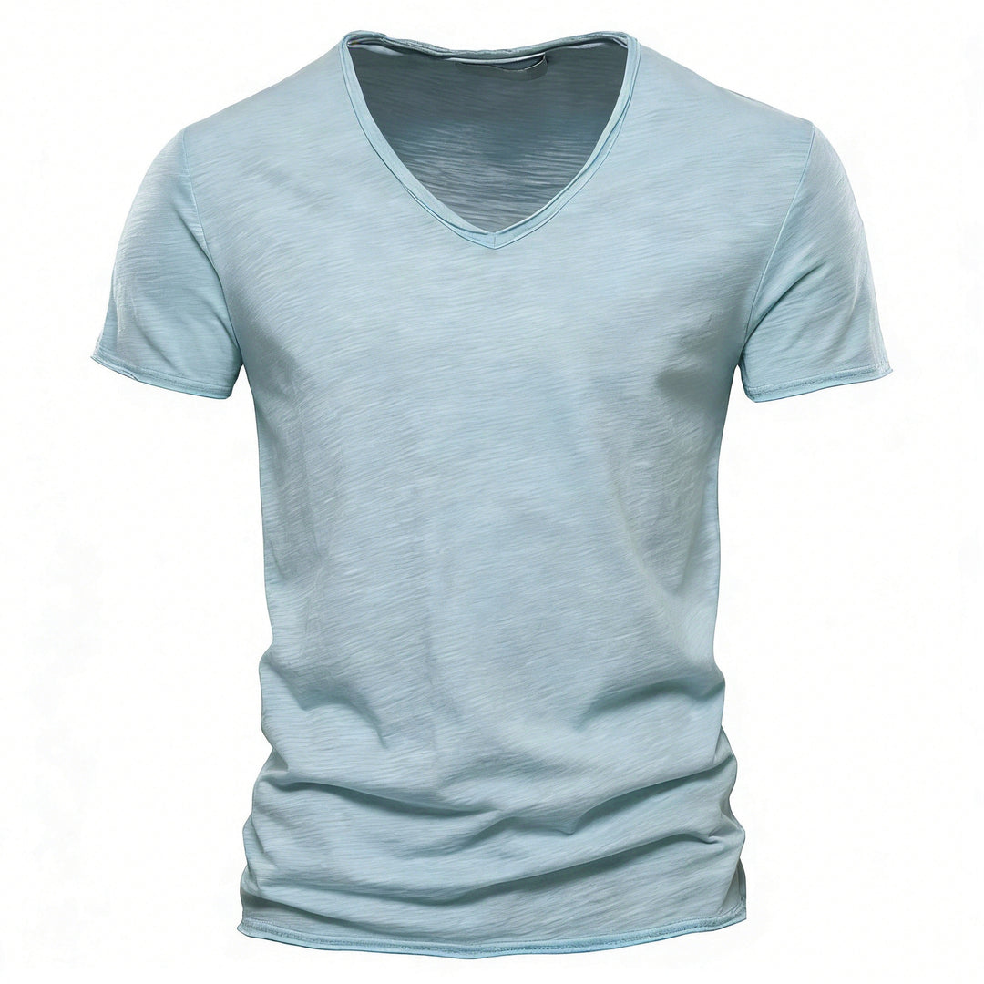 Men's light cotton jersey short-sleeve shirt with V-neck and slim fit Mune Fashion