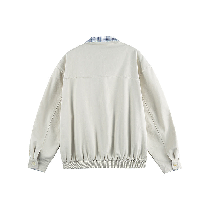 Unisex Lightweight Zip-Over Jacket in Boxy Cut with Check Collar and Elastic Hem Mune Fashion