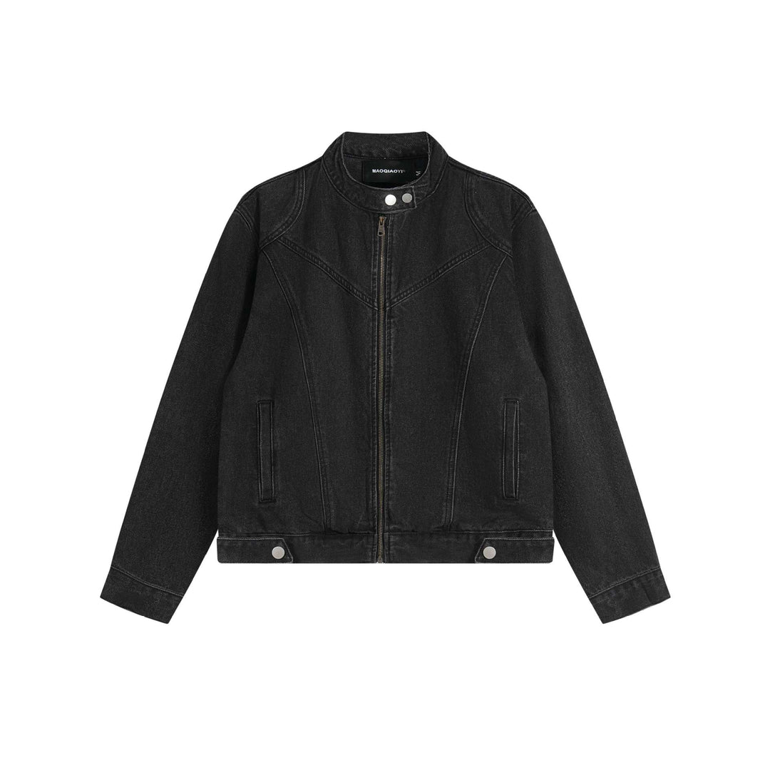 Unisex Short Cut Denim Blouson Jacket with Stand-up Collar and Full Zipper Mune Fashion