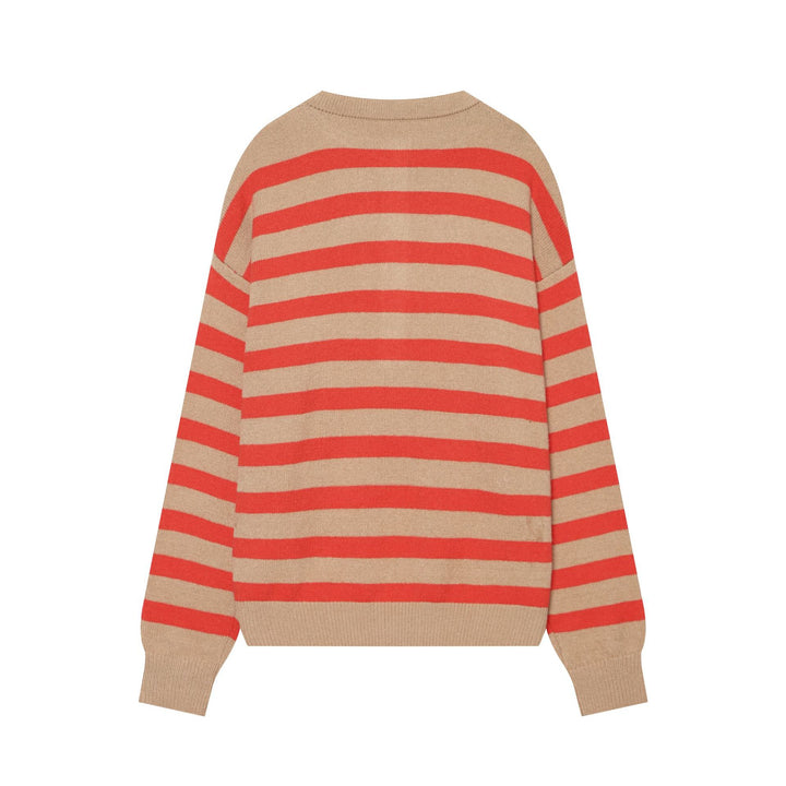 Women's Striped Knit Sweater with Henley Button Placket and Oversized Silhouette Mune Fashion