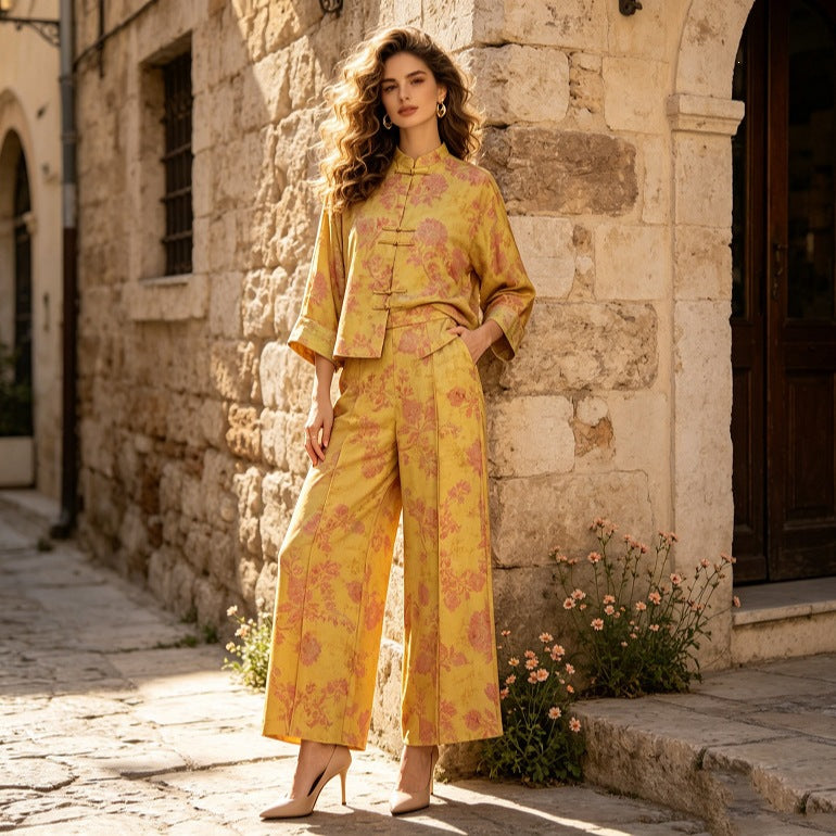 Women Two-Piece Jacquard Set with Stand Collar and Knot Closures Mune Fashion