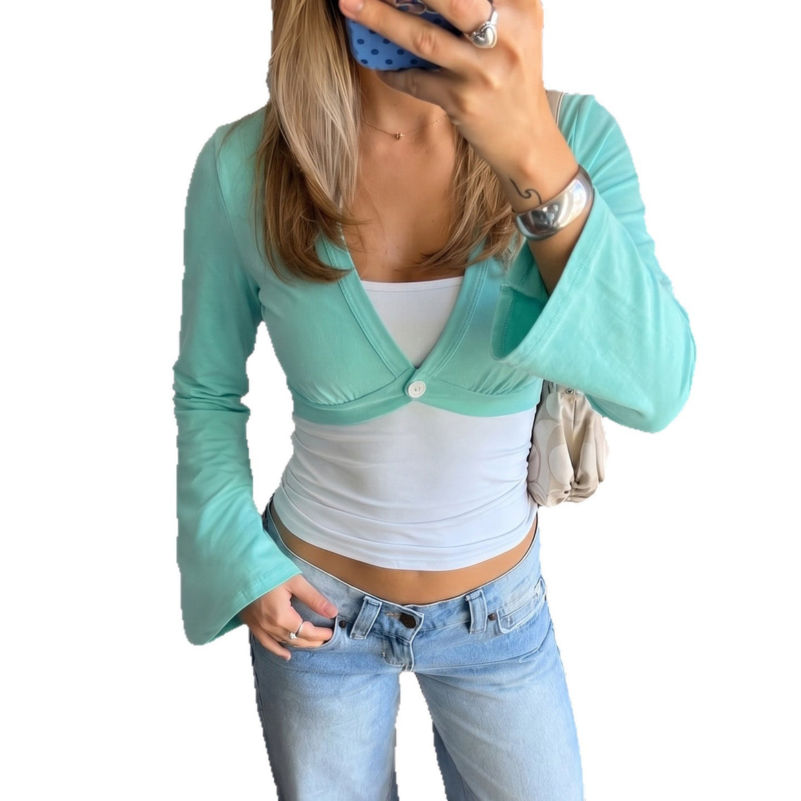 Women's bolero-inspired crop top with fitted bottom, V-neck and flared sleeves Mune Fashion