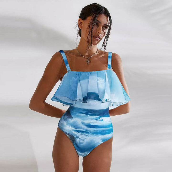 Ladies swimsuit with accompanying ruffle skirt and maritime motif Mune Fashion