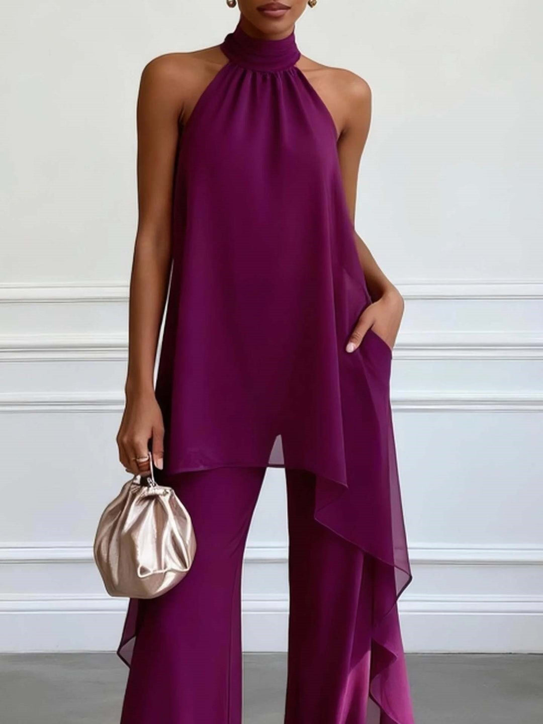 Ladies' elegant evening two-piece with gathered stand collar, asymmetrical ruffle, and flowing flared trousers Mune Fashion