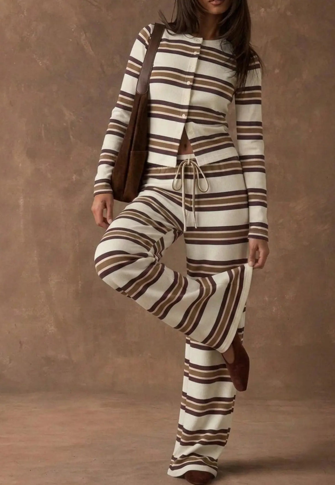 Ladies Striped Knit Lounge Set with Tailored Button Cardigan and Wide Palazzo Pants Mune Fashion