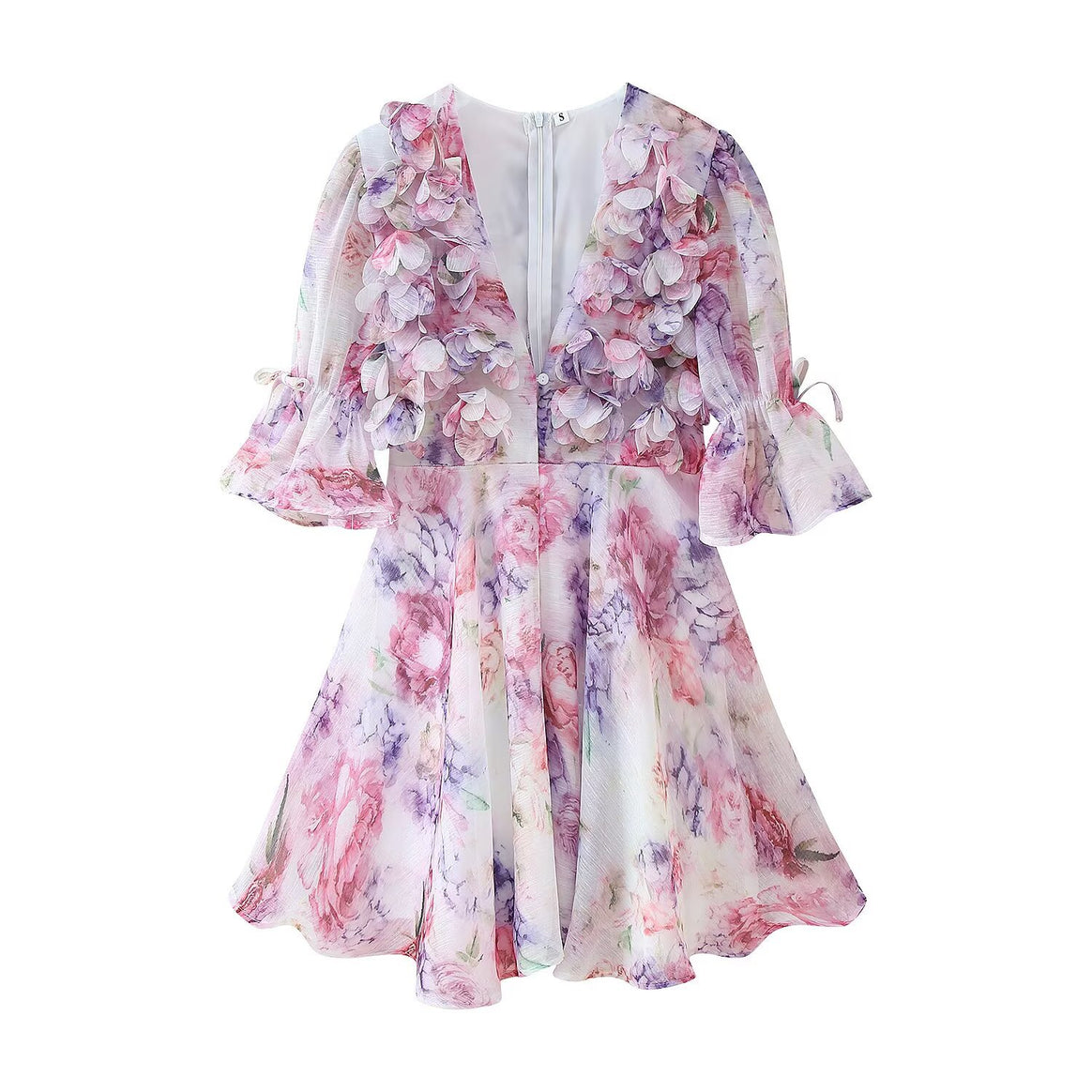 Ladies Romantic Pleated Chiffon Mini Dress with Deep V-Neck and Ruffle Puff Sleeves Mune Fashion