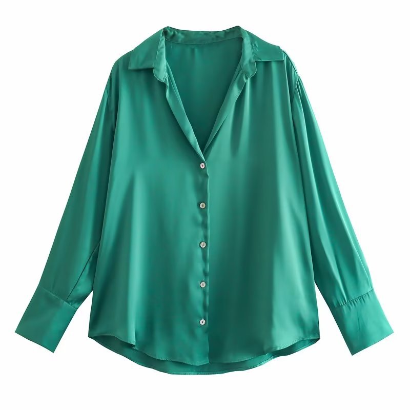 Ladies Oversized Satin Blouse with Shirt Collar and Wide Cuffs Mune Fashion