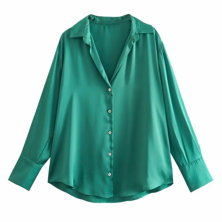 Ladies Oversized Satin Blouse with Shirt Collar and Wide Cuffs Mune Fashion