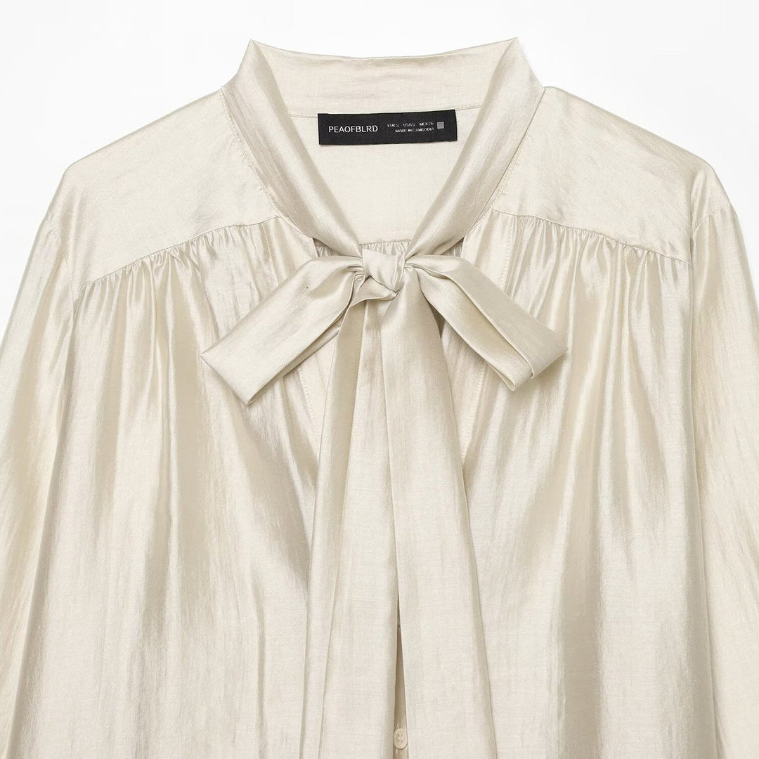 Women's Soft Sweater Blouse with Bow Collar, Gathered Insert and Loose Fit Mune Fashion