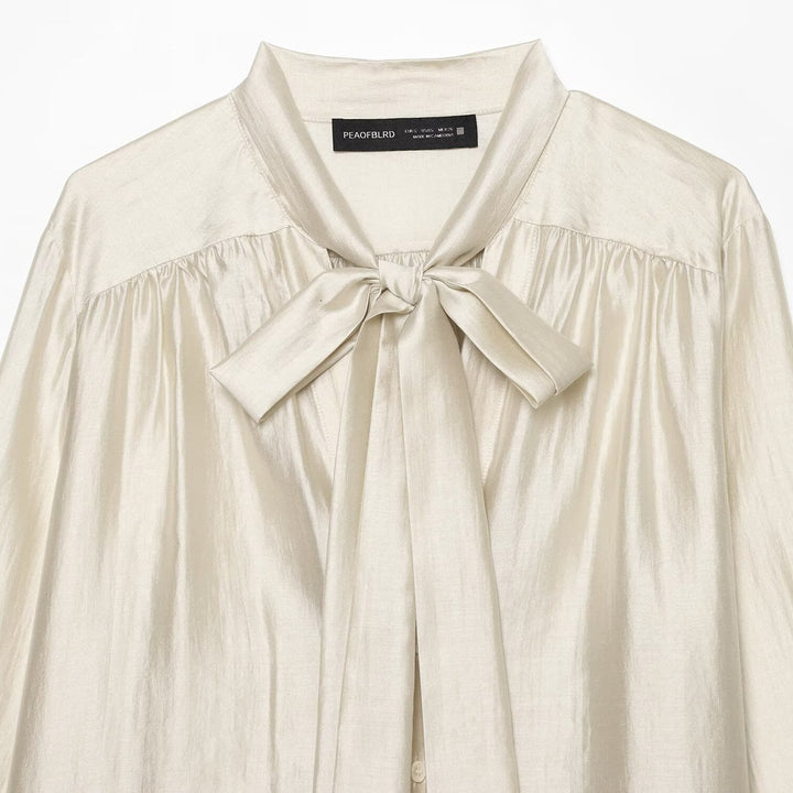 Women's Soft Sweater Blouse with Bow Collar, Gathered Insert and Loose Fit Mune Fashion