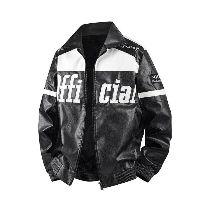 Men's Stylish Faux Leather Jacket with Symbol Design Mune Fashion