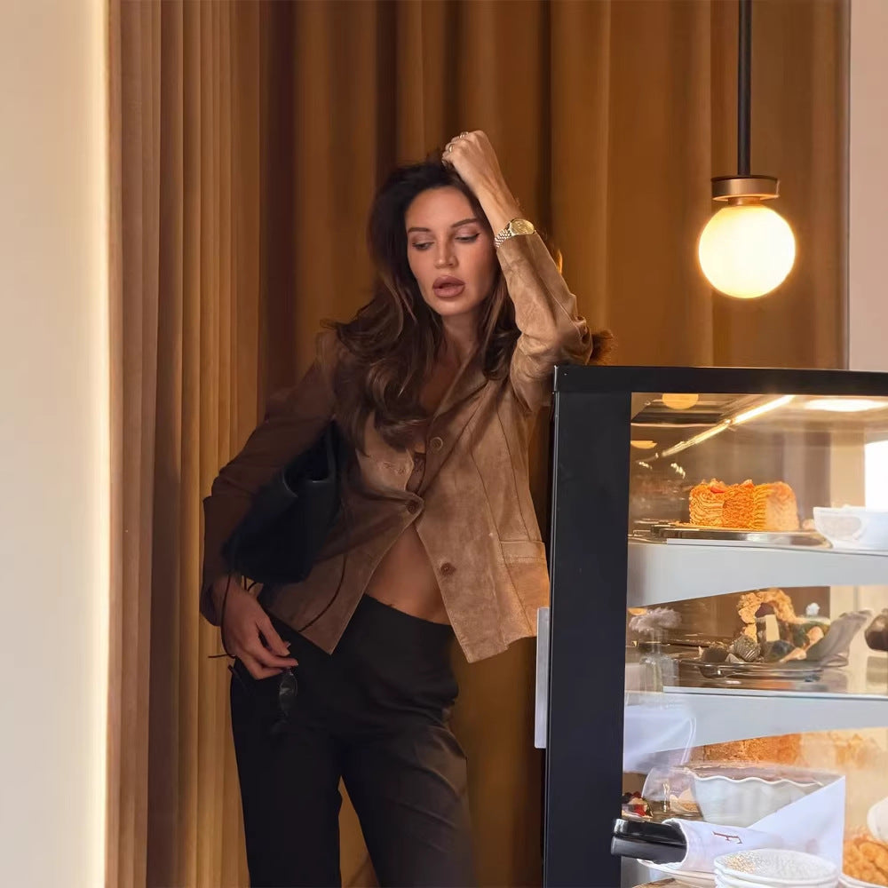 Women's Tailored Suede Blazer Jacket with Shirt Collar and Minimalist Decorative Stitches Mune Fashion