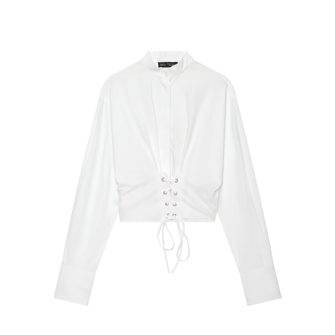 Women Tailored Cropped Blouse with Stand-up Collar, Lacing and Long Cuffs Drune