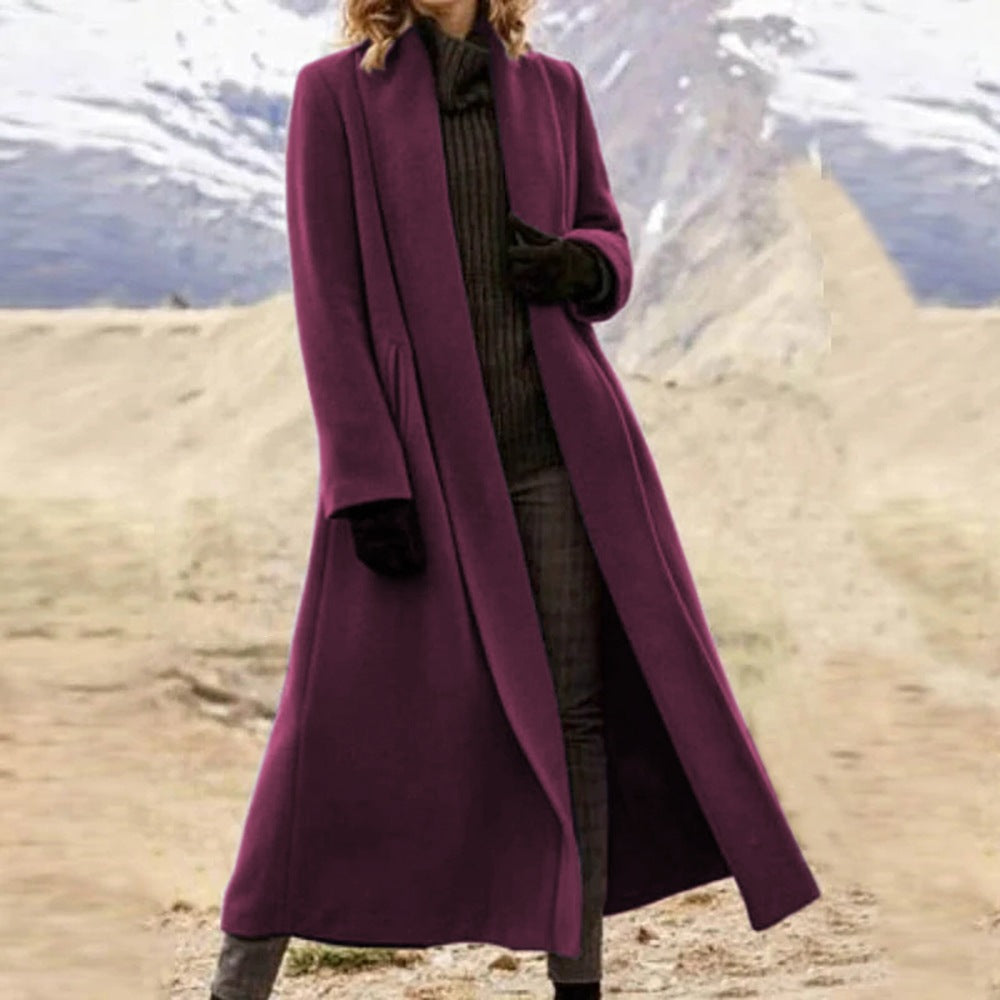 Women elegant long wool blend coat with open fall and side pockets Mune Fashion