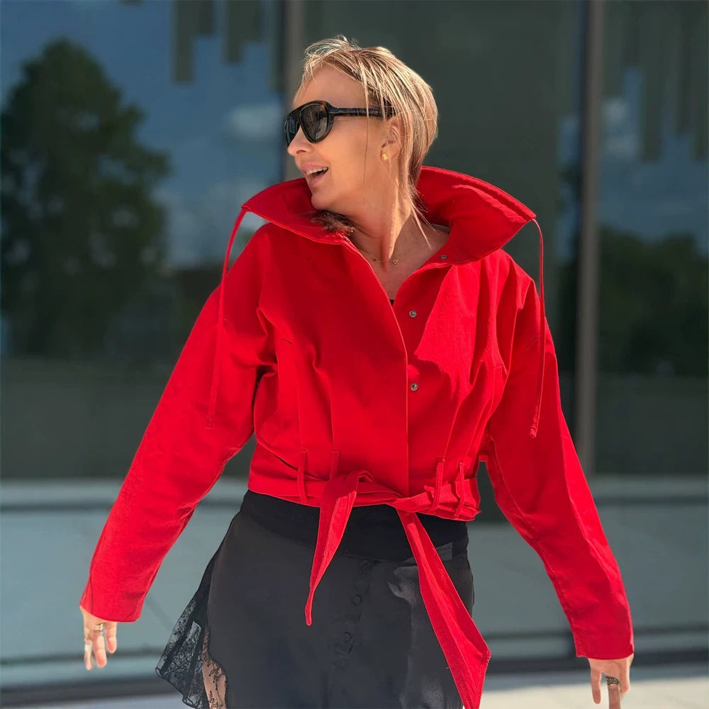 Women's Oversize Short Jacket with Waist Belt and Shirt Collar Mune Fashion